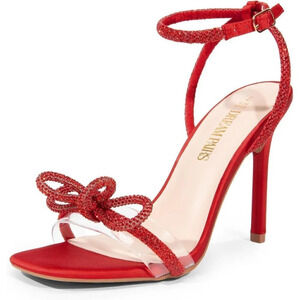 Women's Red Double Bowknots Crystal Sandals Clear  Slingback Heels